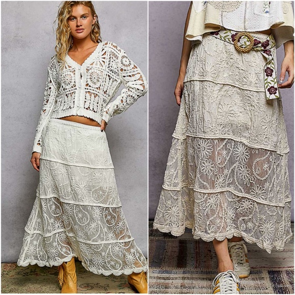 POL Dresses & Skirts - POL Cream Lace Tiered Maxi Skirt